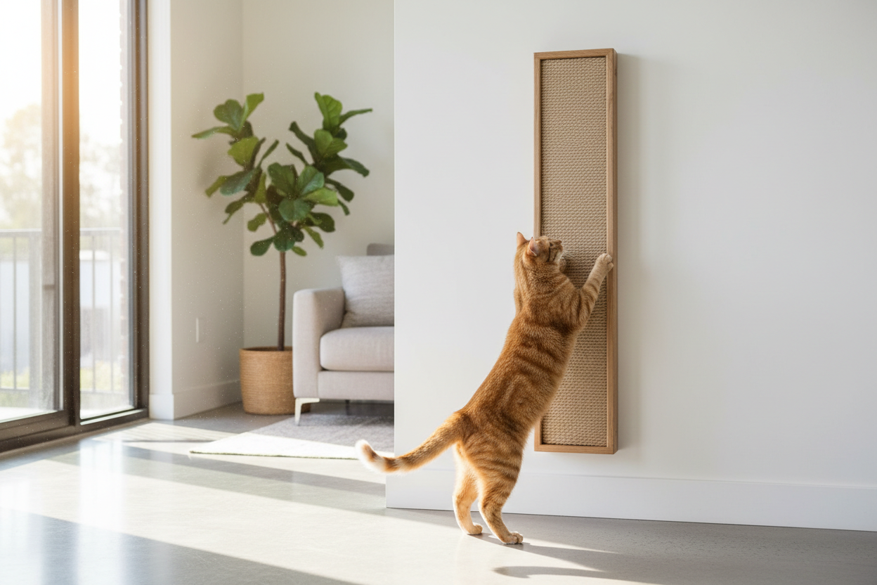 Gato activo utilizando un rascador de pared y estirándose de forma natural en el hogar