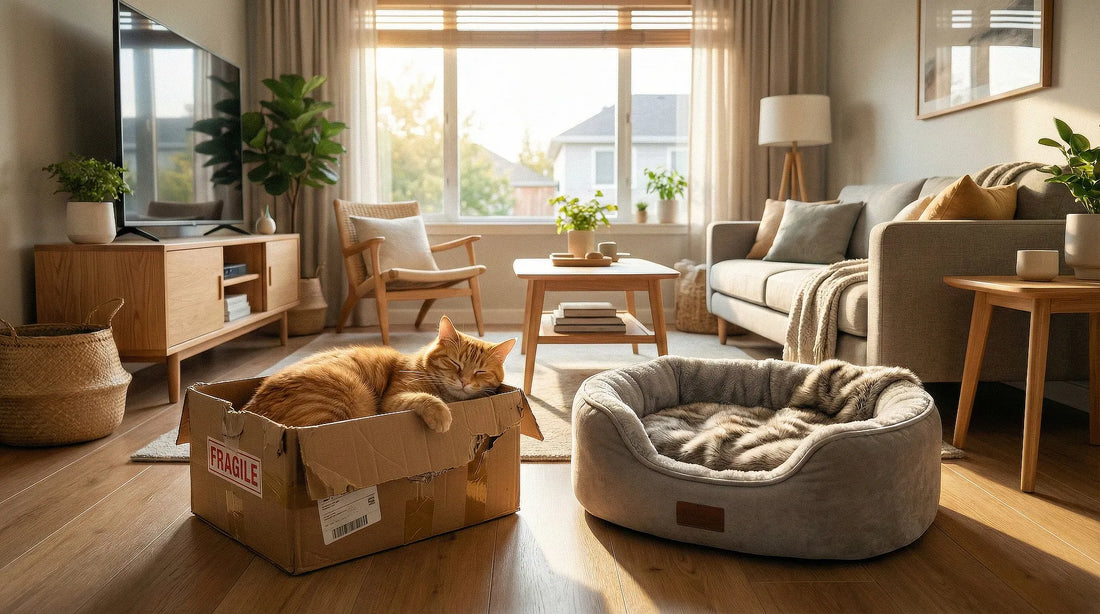 Gato durmiendo feliz en una caja de cartón vieja ignorando su cama nueva y lujosa al lado