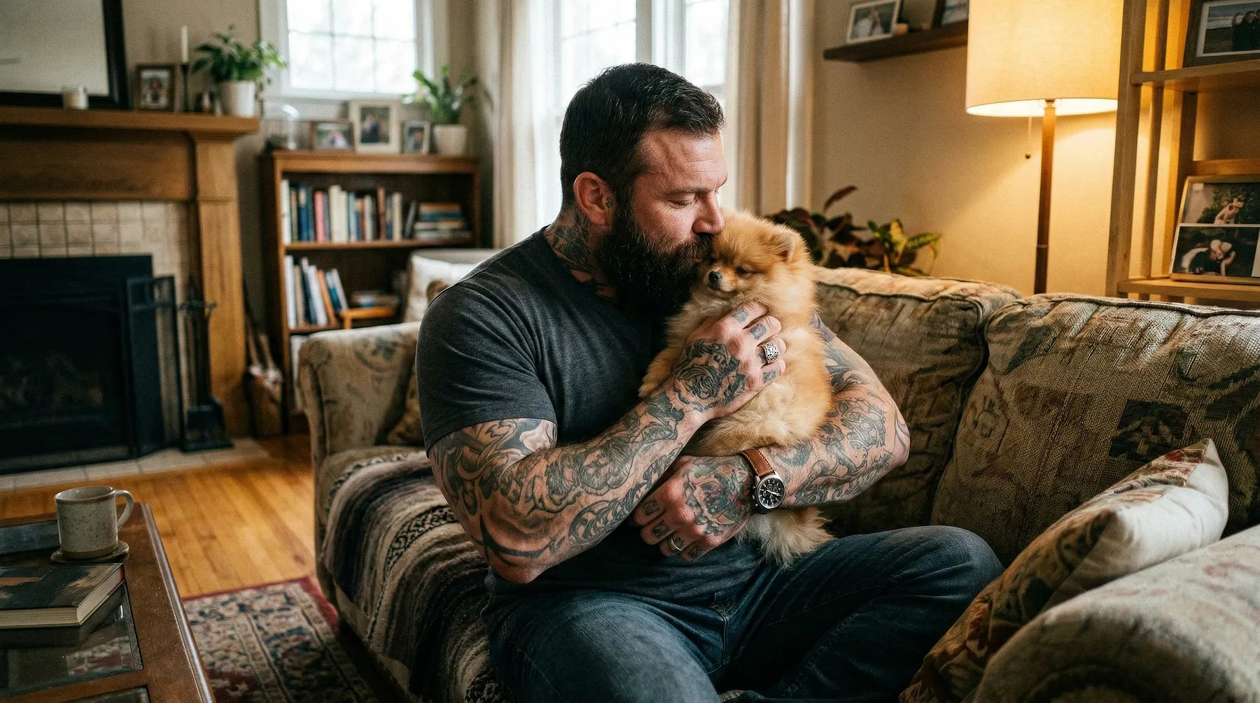 Hombre con aspecto rudo abrazando tiernamente a un perro pequeño en el sofá, demostrando ser un verdadero Padre Perruno.