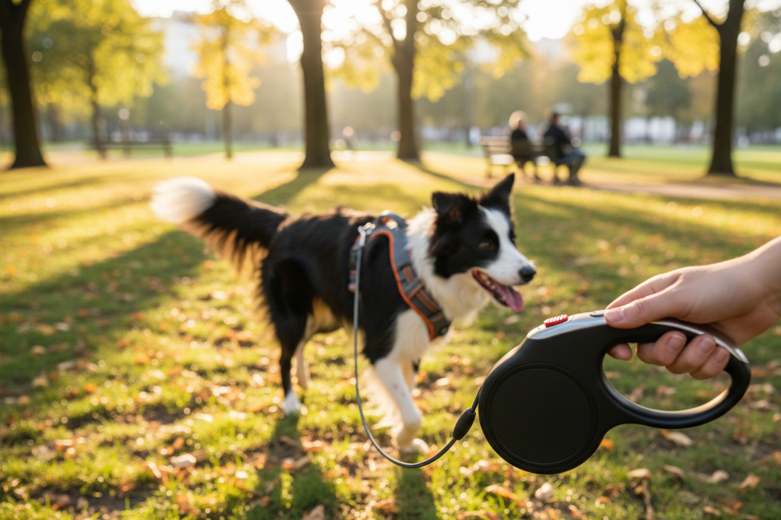 Perro mediano de raza Border Collie paseando con correa retráctil de seguridad en un parque soleado.