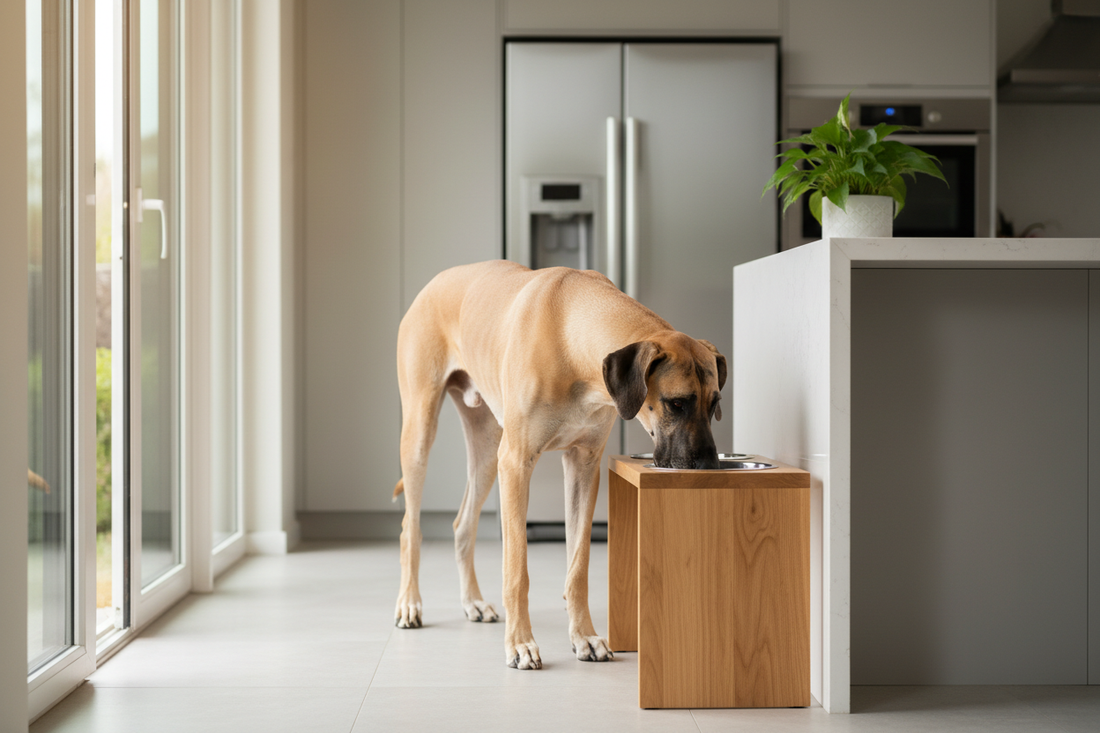 Perro Gran Danés comiendo con postura recta gracias a un comedero elevado para perros grandes de madera.