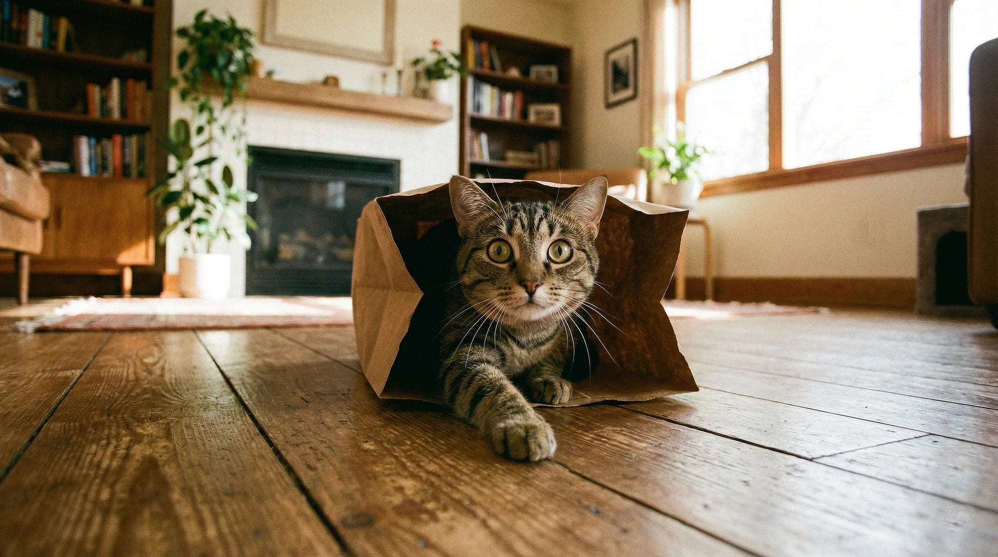 Gato curioso asomando desde una bolsa de papel - Juguetes y accesorios para gatos AnimalMania