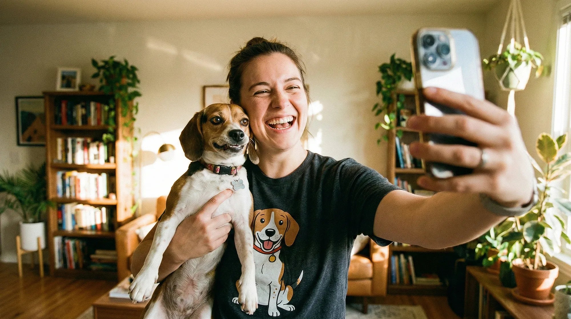 Dueña haciéndose un selfie divertido con su perro llevando ropa de la colección AnimalMania - Regalos para amantes de las mascotas