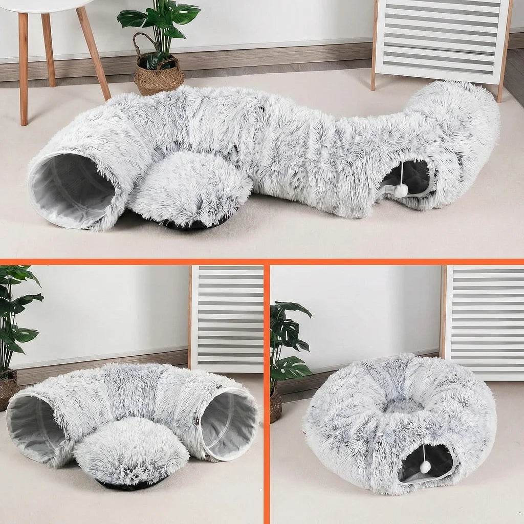 Tres configuraciones de uso del túnel nido Peekaboo: cama cueva cerrada, túnel circular de juego y nido de descanso abierto para gatos.