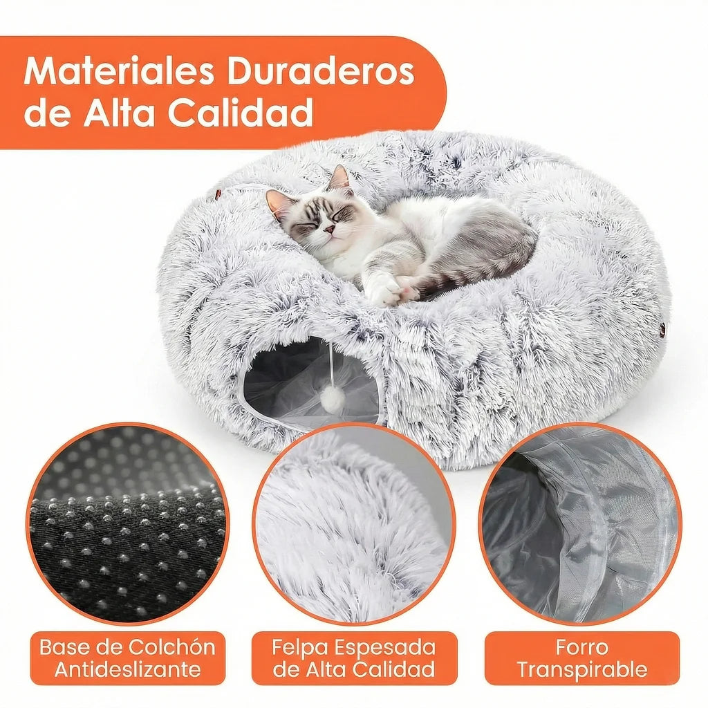 Detalle de la textura del fieltro de alta densidad resistente a arañazos y cremallera reforzada del túnel nido para mascotas.