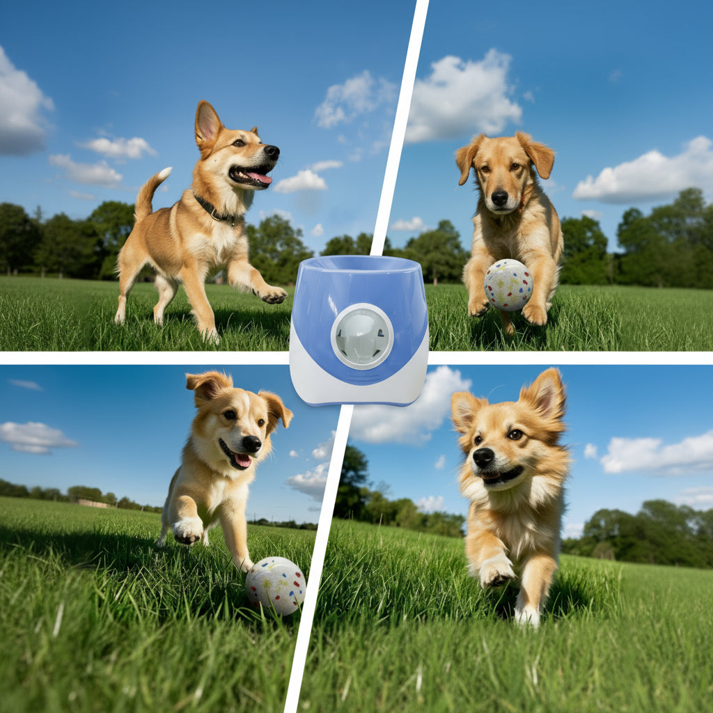 Lanzador de pelotas de tenis para perros para juego activo con perros jugando