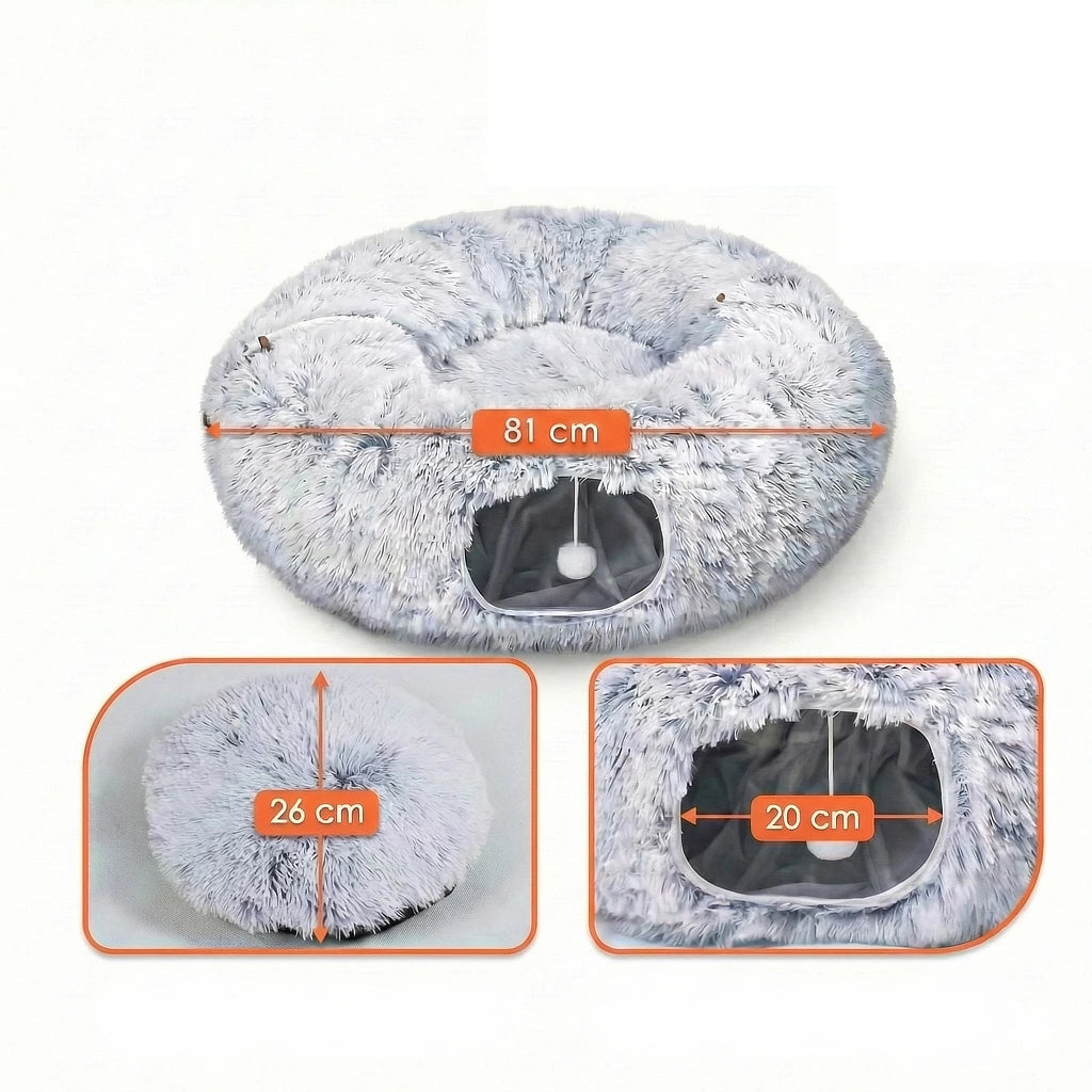 Infografía con las medidas exactas de altura, diámetro y apertura del túnel nido Peekaboo para gatos y perros pequeños