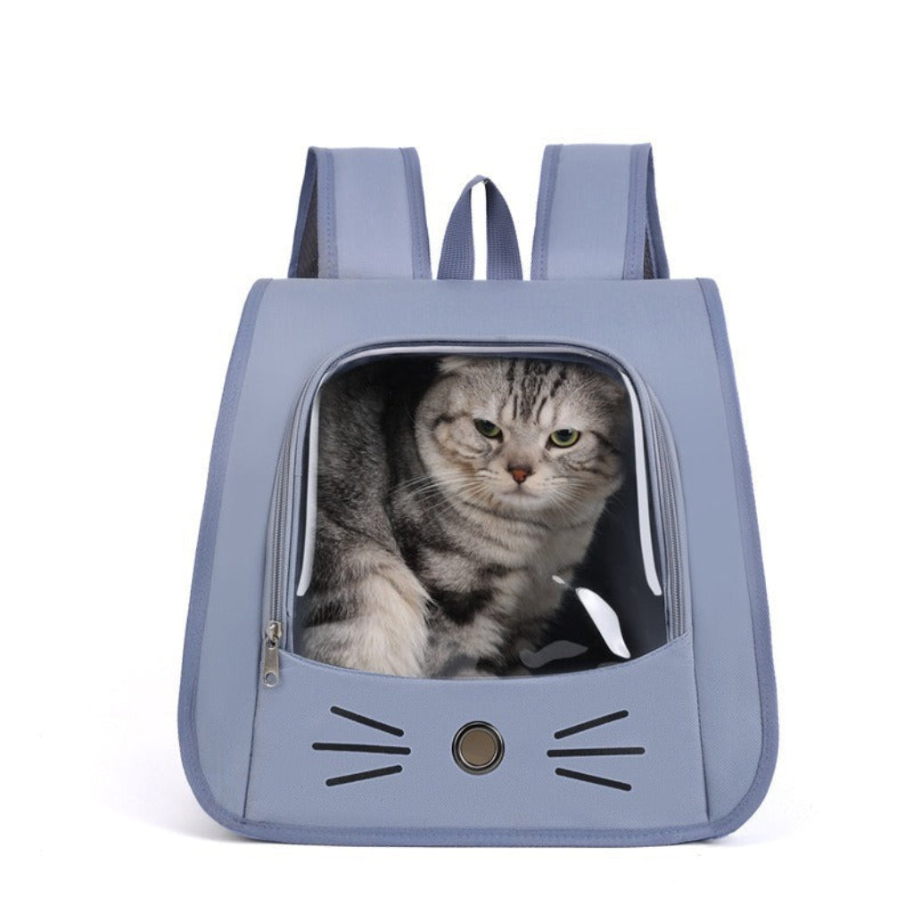Mochila transportadora cómoda para perros y gatos pequeños color azul con gato dentro