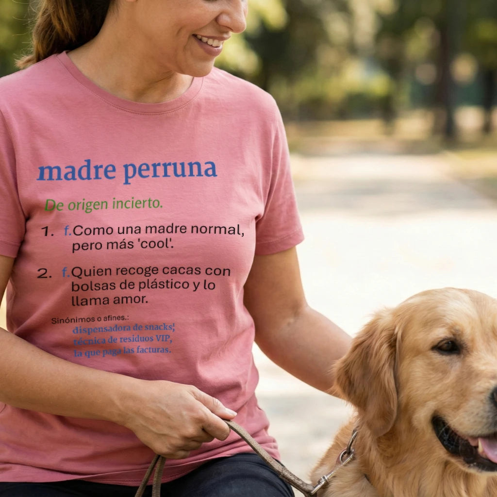 Mujer paseando con perro vistiendo camiseta Madre Perruna original de algodón suave - Idea de regalo para dueñas de perros