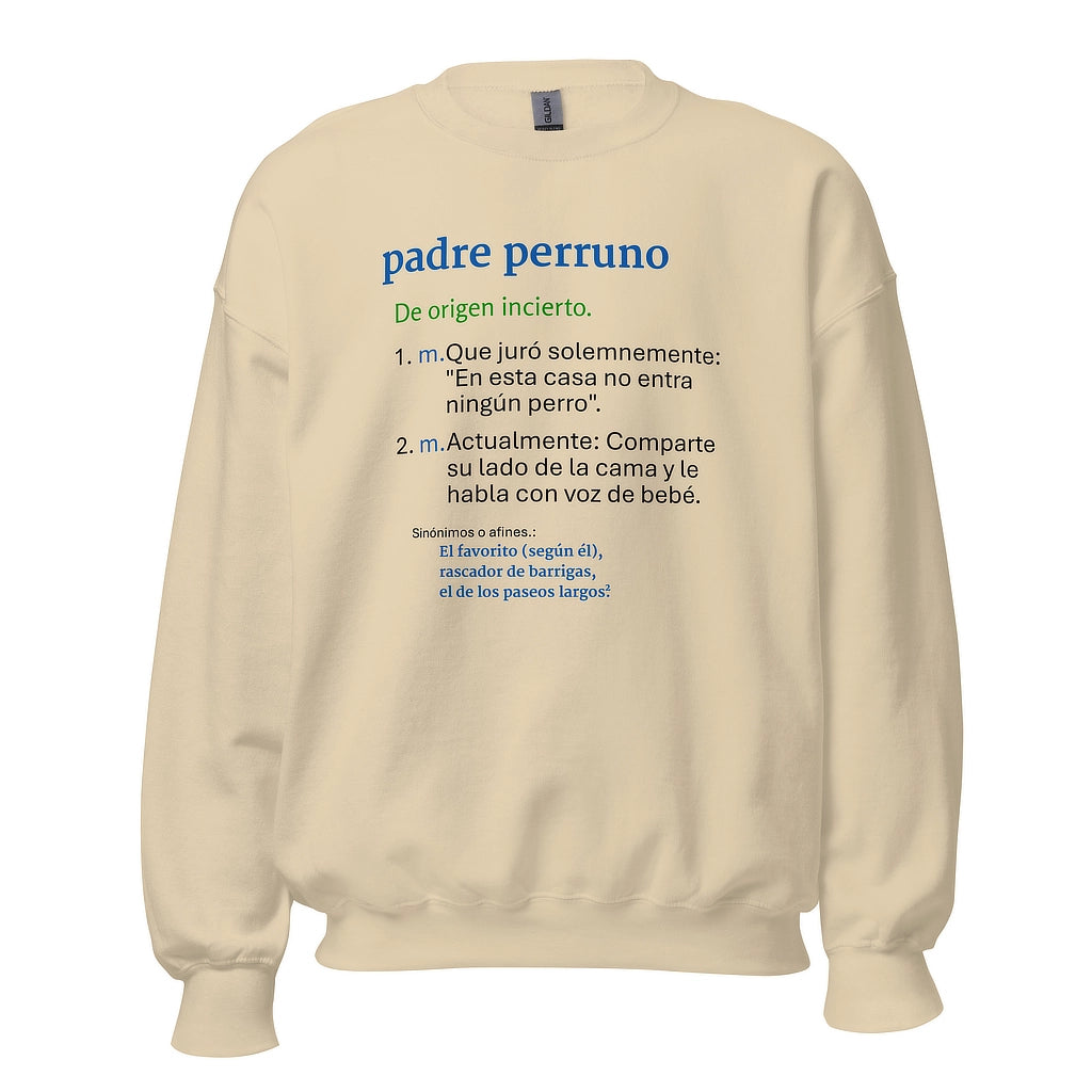 Sudadera color arena con diseño de diccionario divertido "Padre Perruno". Ropa de invierno para amantes de los perros.