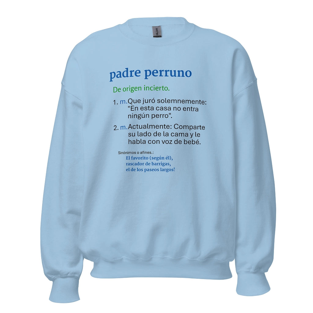 Sudadera color azul con diseño de diccionario divertido "Padre Perruno". Ropa de invierno para amantes de los perros.