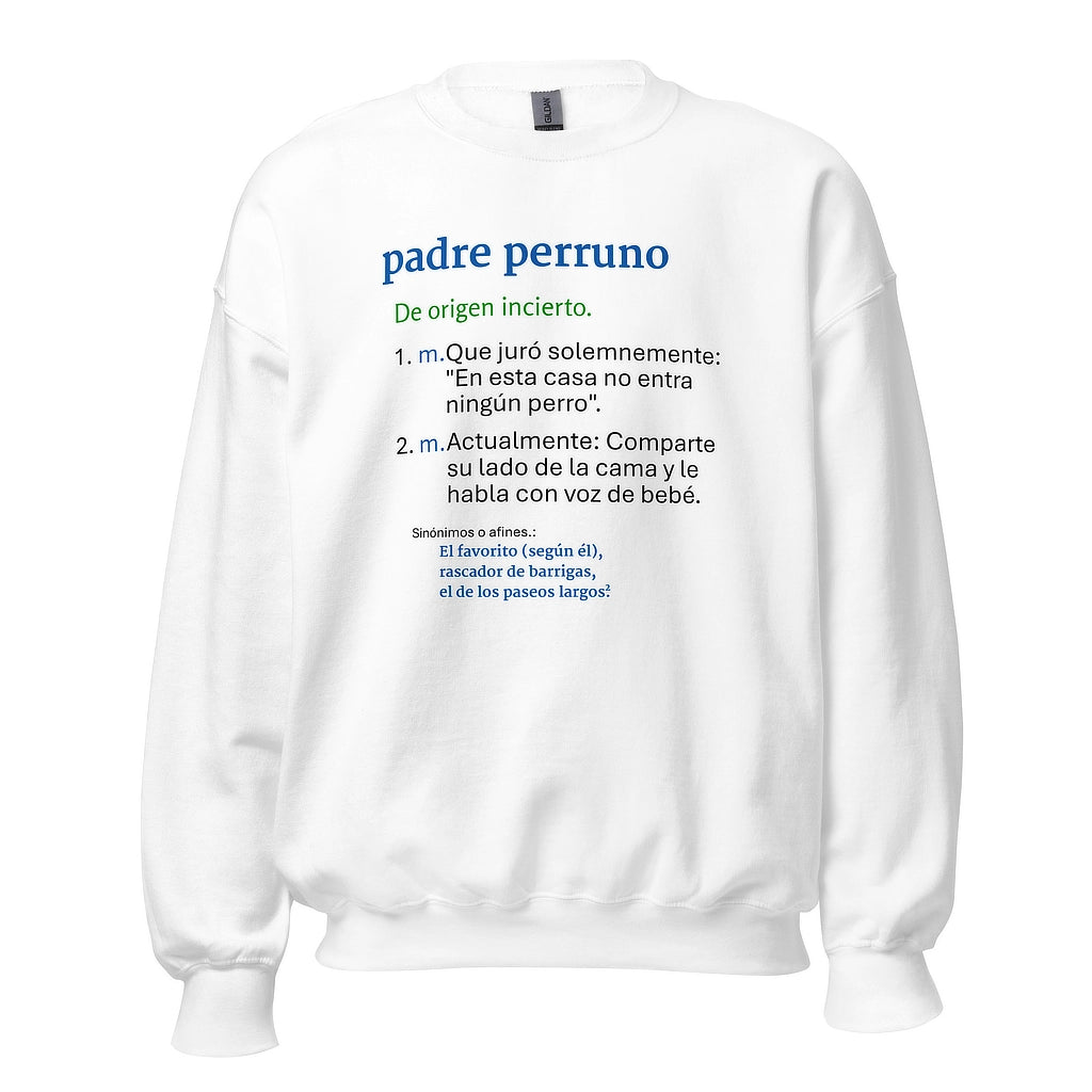 Sudadera color blanco con diseño de diccionario divertido "Padre Perruno". Ropa de invierno para amantes de los perros.