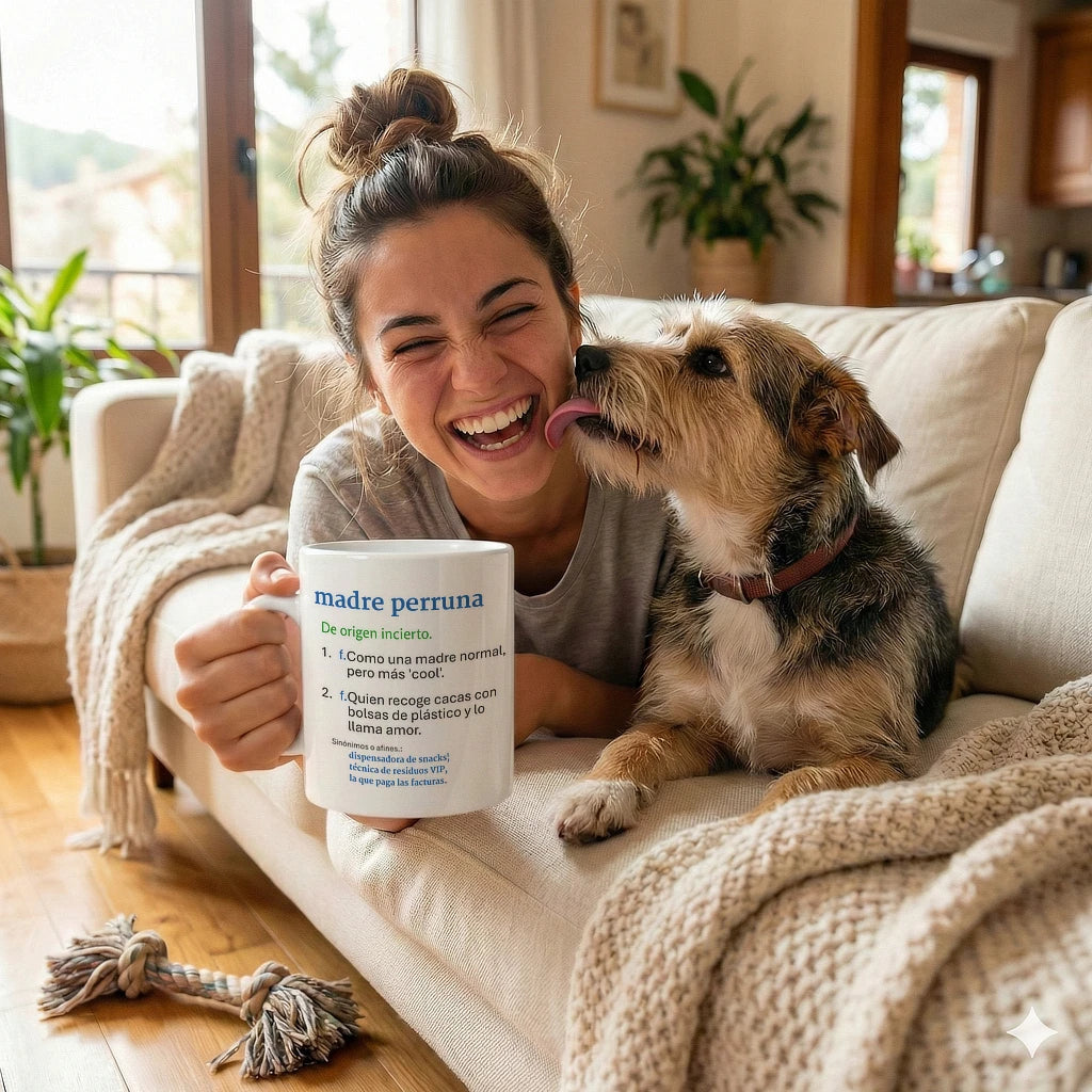 Mujer joven riendo en el sofá mientras su perro juega con ella, sosteniendo la taza blanca de cerámica Madre Perruna con diseño de diccionario