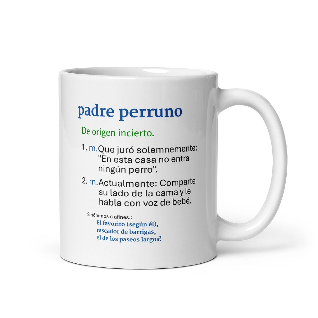 Taza blanca de cerámica con definición irónica de Padre Perruno
