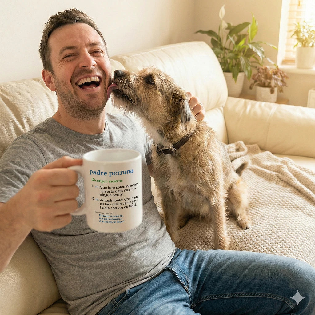 Hombre riendo en el sofá con su perro, sosteniendo la taza de cerámica Padre Perruno de AnimalMania